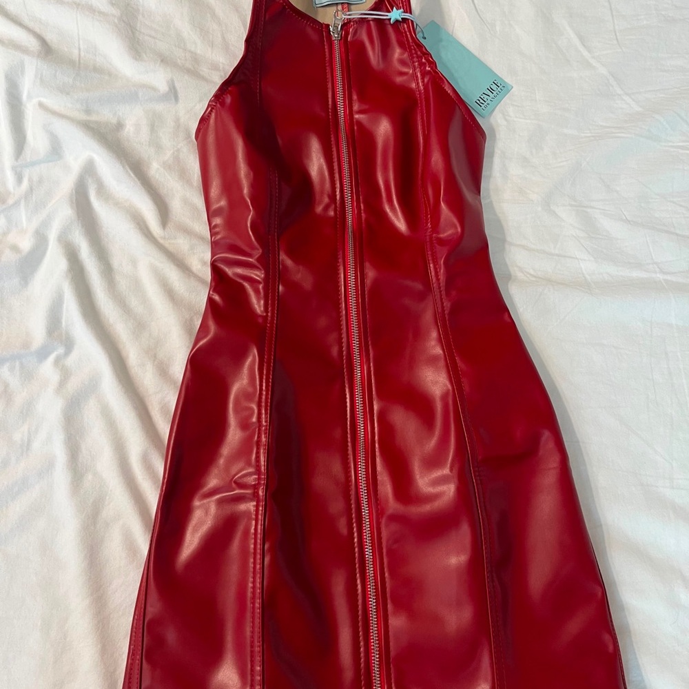 REVICE Red Faux Leather Zip-Front Mini Dress